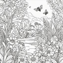 Garden with blooming flowers and bees  simple coloring pages