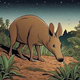 Aardvark cartoon - Aardvark searching for termites at night  