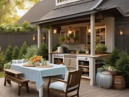 Cottage outdoor kitchen features cozy furnishings, vintage accents, and charming decor, creating a quaint and inviting atmosphere for outdoor dining.  