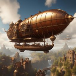 Steampunk airship adventure over a highly detailed, 4K resolution landscape