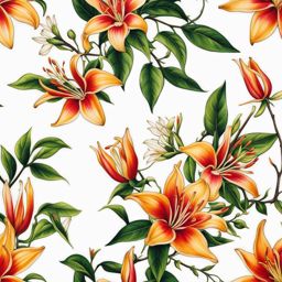 Honeysuckle tattoo, Tattoos inspired by the fragrant and vibrant honeysuckle flower.  vivid colors, white background, tattoo design