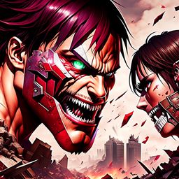 eren yeager vs the armored titan - eren yeager transforms into his titan form to battle the armored titan in the midst of a ruined city, earth-shaking punches and roars resounding. 