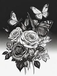 drawing of butterflies flying around a bouquet of roses  minimal rough sketch scribbles,doodles,black and white