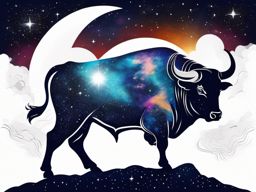 Bull in a cosmic landscape ink. Celestial power in the universe.  color tattoo design, white background