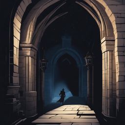 wandering rogue thief sneaking through a moonlit castle corridor, avoiding traps. 