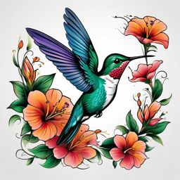Hummingbird Tattoo - Hummingbird hovering near a blooming flower  color tattoo design, clean white background