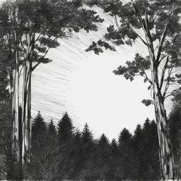 drawing of a sun peeking through the trees  minimal rough sketch scribbles,doodles,black and white