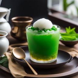 chendol, a shaved ice dessert with green rice flour jelly, coconut milk, and palm sugar syrup. 