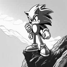 drawing of Sonic The Hedgehog standing on a cliff  minimal rough sketch scribbles,doodles,black and white