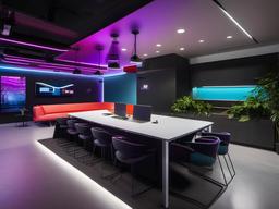 In the office break room, cyberpunk interior design includes bright furniture, tech-inspired decor, and ambient lighting that encourages relaxation and socialization among employees.  