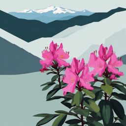 Mountain Rhododendron Clip Art - Rhododendron blooms in a mountain setting,  color vector clipart, minimal style