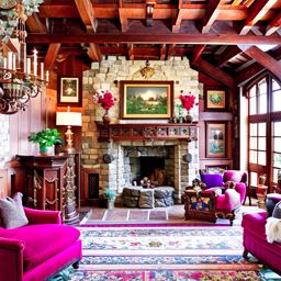 medieval castle living room boasting grand tapestries and a roaring stone fireplace. 