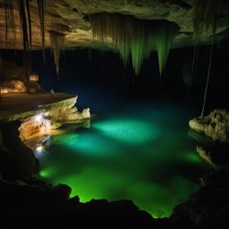 yucatan cenotes - paint the mystical night scene of yucatan's cenotes, natural sinkholes filled with crystal-clear waters, where bioluminescent algae create a dreamlike ambiance. 