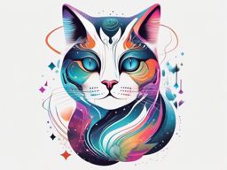 Abstract cat and alien fusion, blending feline features with extraterrestrial elements in a surreal and captivating design.  colored tattoo style, minimalist, white background