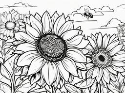 Summer Coloring Pages - Sunflower with bees buzzing around it in a garden  simple coloring pages