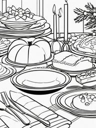 Festive Table Coloring Pages - Holiday Dinner Setting with Treats  minimal black outline printable sheet, coloring page