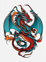 Neo Traditional Tattoo Dragon - Tattoo featuring a dragon in neo-traditional style.  simple color tattoo,minimalist,white background