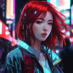 Front facing face, girl with red hair, small eyes in a neon-lit cyberpunk dystopia.  close shot of face, face front facing, profile picture pfp, anime style