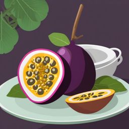 Passion Fruit and Scoop Clipart - Passion fruit with a scoop of its flesh.  color vector clipart, minimal style