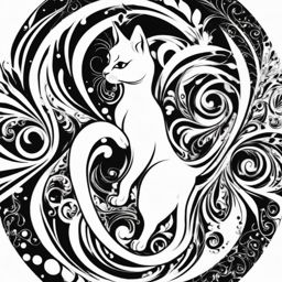 Spiraling elegance with abstract cat swirls tattoo: A captivating dance of feline grace.  black white outline tattoo, white background