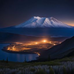 mount st. helens - capture the mesmerizing night atmosphere of mount st. helens, with its volcanic crater and lunar-like landscape under the stars. 