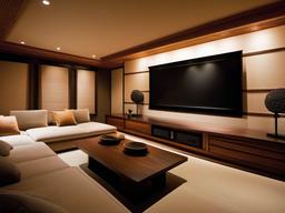 A media room designed with Japanese Zen interior design features comfortable seating, natural materials, and soft lighting that enhance the cinematic experience in a peaceful setting.  