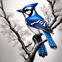 Blue Jay Tattoo - Blue Jay perched on a tree branch 