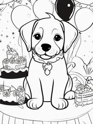 Puppy with Balloons and Cake Coloring Pages - Festive Puppy Ready for a Party  minimal black outline printable sheet, coloring page