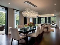 Contemporary dining room with glass table and sculptural lighting fixtures.  