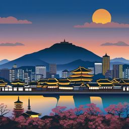 Seoul clipart - Gyeongbokgung Palace and Seoul skyline,  color vector clipart