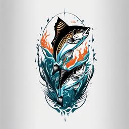 fishing and hunting tattoo  simple color tattoo,minimal,white background