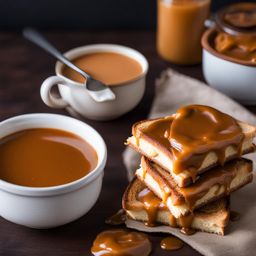 dulce de leche in a cozy home - spreading rich and creamy dulce de leche caramel on warm toast in a cozy home. 