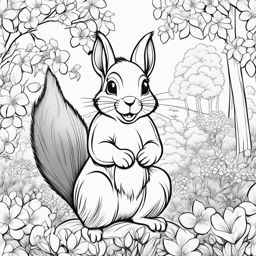 spring coloring pages - a squirrel gathers nuts in a blooming spring forest. 