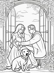 Dog and Family Coloring Pages - Loving Scene with Family and Dog  minimal black outline printable sheet, coloring page