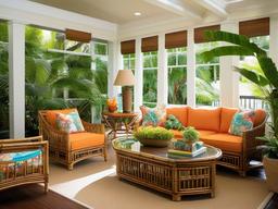 Tropical living room includes bamboo furniture, bright accents, and potted plants that bring a refreshing feel reminiscent of a beach resort.  