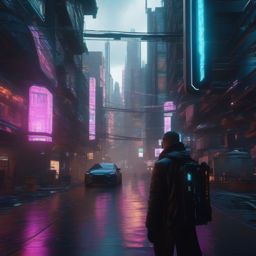 In a cyberpunk city, hacker discovers digital portal that allows entry into the virtual world of a sentient AI.  8k, hyper realistic, cinematic