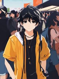 Boy with black messy hair in a bustling anime festival.  front facing, profile picture, anime style