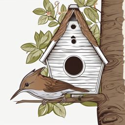 Wren Clipart - Wren building a tiny nest inside a birdhouse , minimal, 2d