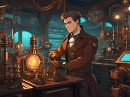 Steampunk inventor, surrounded by retro-futuristic machinery in a laboratory, creating fantastical contraptions.  front facing ,centered portrait shot, cute anime color style, pfp, full face visible