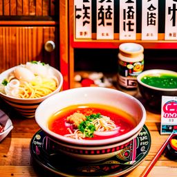 japanese ramen shop, slurping delicious ramen noodles in a cozy ramen shop. 