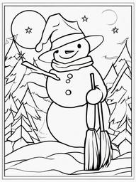 Snowman with Broom Coloring Pages - Snowman Ready for Winter Fun  minimal black outline printable sheet, coloring page