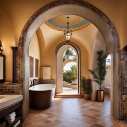 mediterranean-style bathroom with colorful mosaic tiles and arches. 