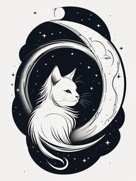 cat in moon tattoo  minimal color tattoo, white background