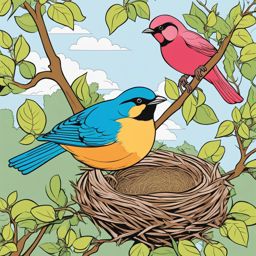 spring coloring pages - a family of birds builds a nest in a blooming tree. 