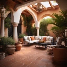 Mediterranean Patio Escape - Mediterranean patio escape with terra cotta tiles and wrought-iron furniture. realistic, professional photography, bokeh, natural lighting, canon lens, shot on dslr 64 megapixels sharp focus