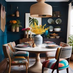 boho-chic dining room with colorful textiles and a mix of vintage and modern. 