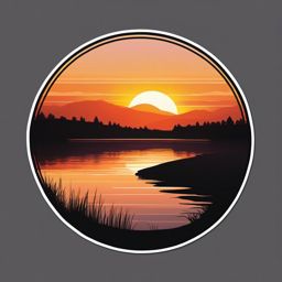 Sunset over river sticker- Serene and reflective, , sticker vector art, minimalist design