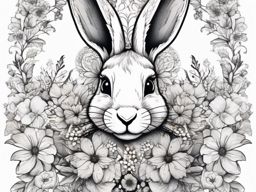 Rabbit adorned with mystical flowers ink. Whimsical blooms in art.  color tattoo, white background