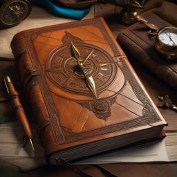 Rugged leather-bound journal, filled with sketches and scribbles, chronicles the adventures and discoveries of an intrepid explorer, a treasure trove of knowledge. hyperrealistic, intricately detailed, color depth,splash art, concept art, mid shot, sharp focus, dramatic, 2/3 face angle, side light, colorful background