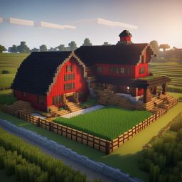 farmhouse with a spacious red barn and wheat fields - minecraft house design ideas minecraft block style